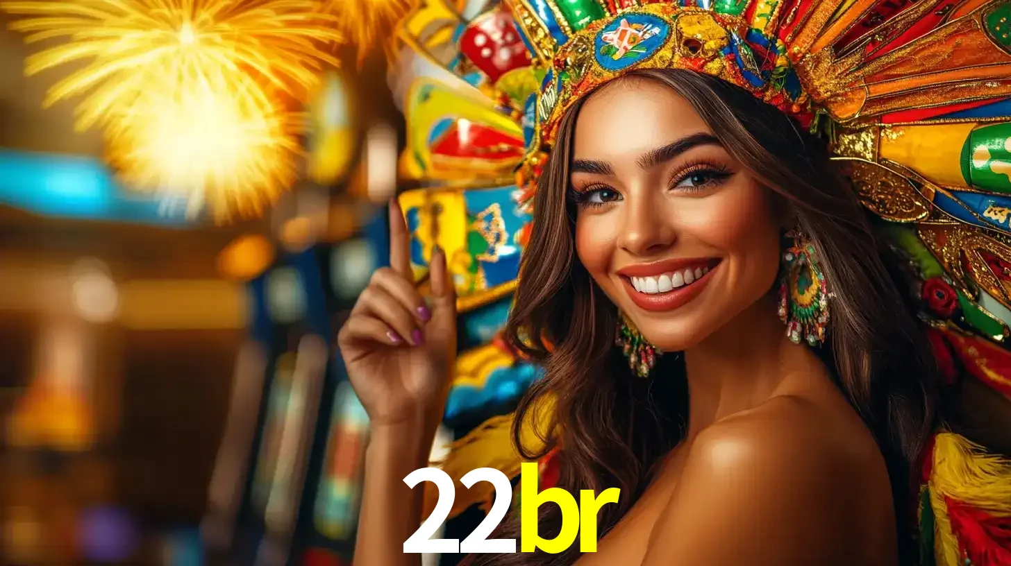 Mulher sorridente com um cocar de carnaval vibrante e colorido, celebrando uma grande vitória nos jogos do cassino 22br com fogos de artifício ao fundo.