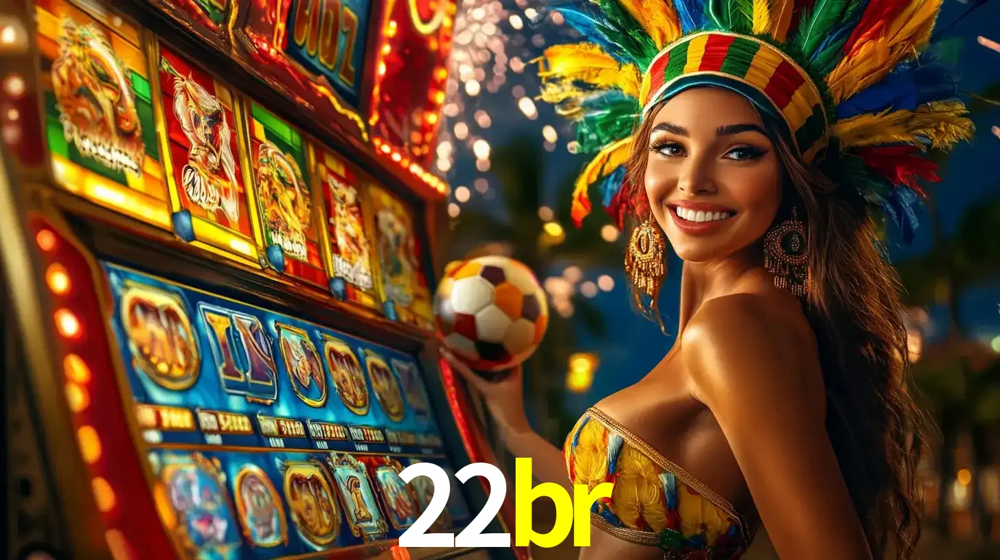 Mulher com um cocar de carnaval ao lado de uma máquina de caça-níqueis enquanto segura uma bola de futebol, mostrando a união da diversão de cassino e esportes no 22br.