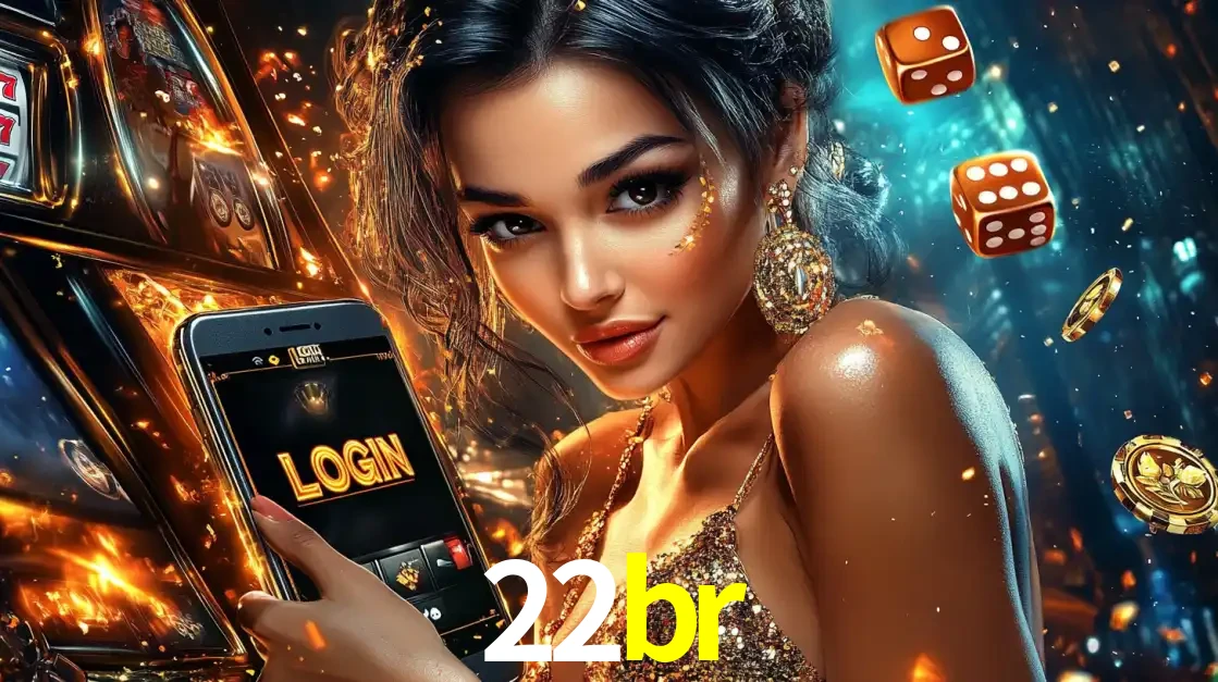 Mulher glamourosa segurando um celular com a tela de login do cassino 22br, rodeada por dados e moedas douradas, pronta para começar a diversão.