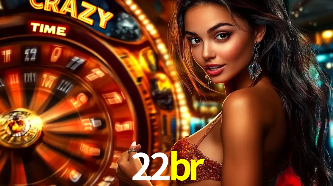 Mulher ao lado da roda de prêmios do jogo de cassino ao vivo Crazy Time, um dos shows de jogos mais emocionantes oferecidos pela plataforma de apostas 22br.