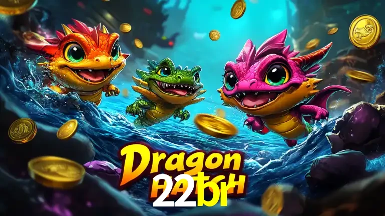 Arte promocional do jogo Dragon Hatch com três adoráveis dragões bebês nadando entre moedas de ouro, um dos slots mais divertidos para jogar no cassino 22br.
