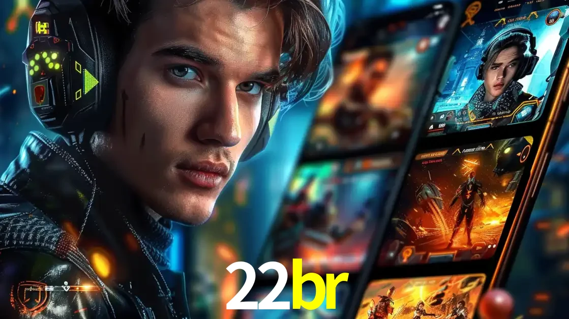 Jovem jogador com fones de ouvido olhando para a câmera, com um aplicativo de jogos e e-sports para celular ao fundo, pronto para a competição e apostas no 22br.