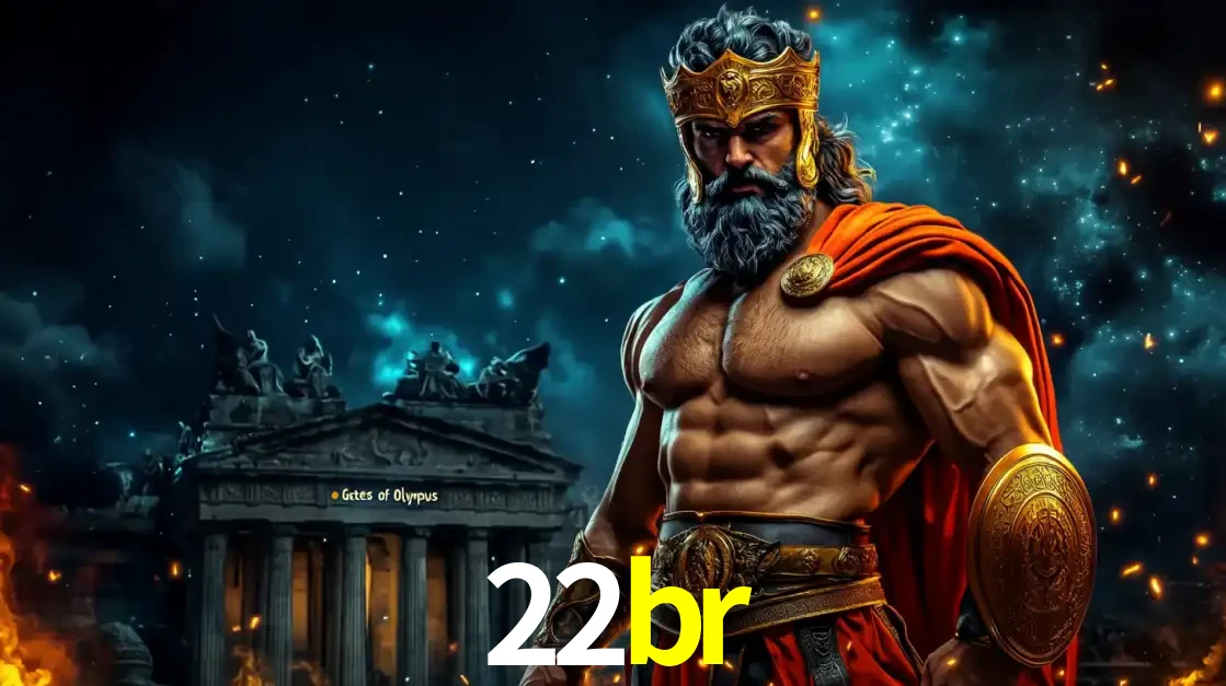 O poderoso Zeus do jogo de slot Gates of Olympus em frente ao seu templo, pronto para lançar multiplicadores divinos e prêmios épicos no cassino online 22br.