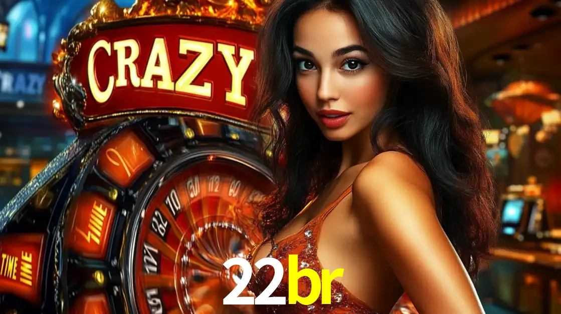 Mulher glamourosa olhando para a câmera com a roda vermelha do Crazy Time ao fundo em um ambiente de cassino, destacando a emoção dos jogos ao vivo no 22br.