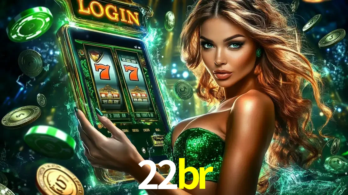 Mulher com tema verde apresentando o aplicativo do cassino 22br com um jogo de slot de 777, cercada por fichas de cassino e uma aura de sorte.