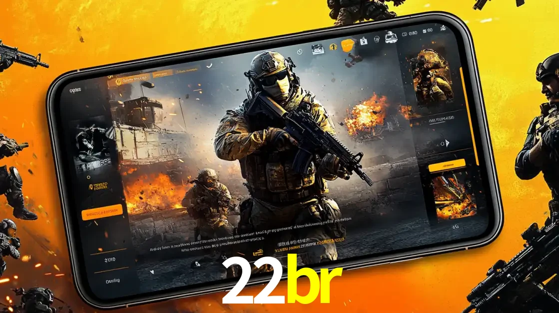Um smartphone exibindo a interface de um jogo de tiro em primeira pessoa, com um soldado em um cenário de batalha, representando a ação dos e-sports para apostar no 22br.