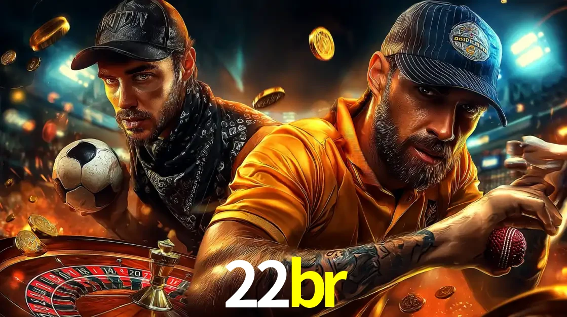 Montagem de apostas esportivas e cassino no 22br, com um homem segurando uma bola de futebol e outro uma de beisebol sobre uma roleta e moedas voadoras.