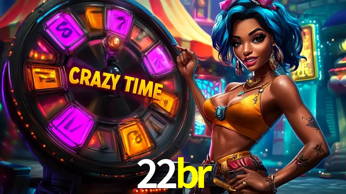 Mulher estilizada com cabelo azul e visual vibrante posando ao lado da roda de prêmios do game show Crazy Time, convidando para a diversão e os bônus do cassino 22br.
