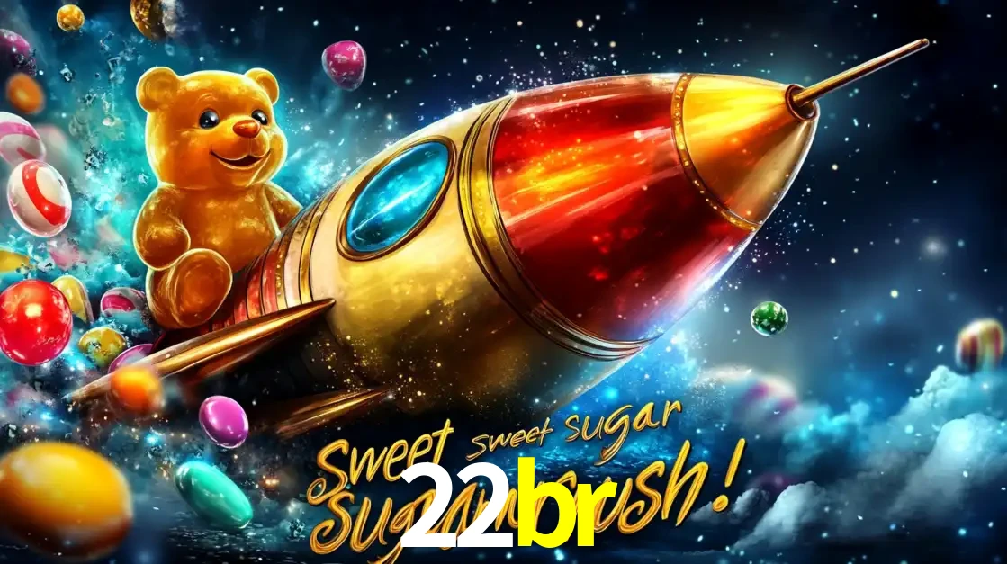 Arte promocional do jogo de slot Sugar Rush, com um urso de pelúcia em um foguete viajando pelo espaço de doces, um dos jogos divertidos disponíveis no cassino 22br.
