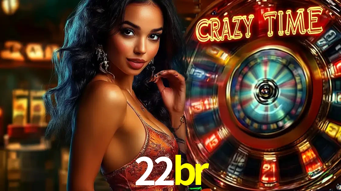 Mulher elegante ao lado da vibrante roda da fortuna do jogo de cassino ao vivo Crazy Time, um dos game shows mais populares e cheios de prêmios do 22br.