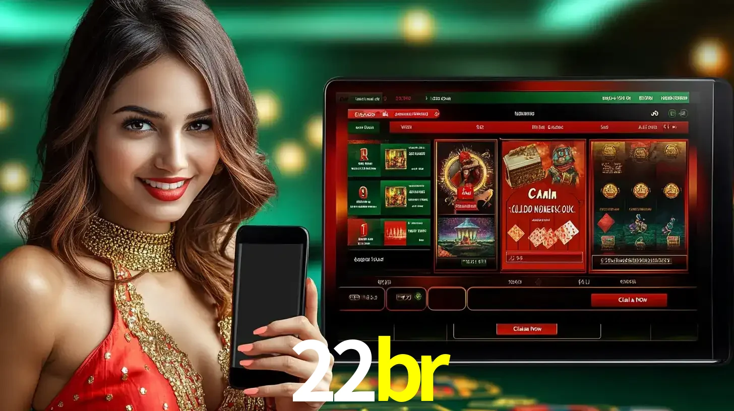 Mulher sorridente segurando um smartphone, ao lado de uma tela exibindo o lobby de jogos do cassino online 22br, com várias opções de jogos de cartas e slots.
